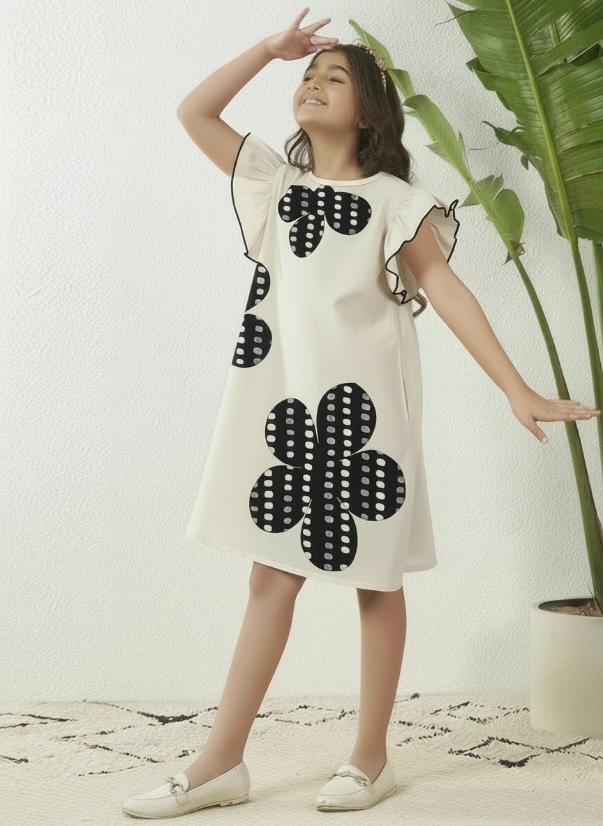 Girls' Cotton Off-White Dress with Polka Dot Floral Print, Ruffle Sleeves, Casual Wear