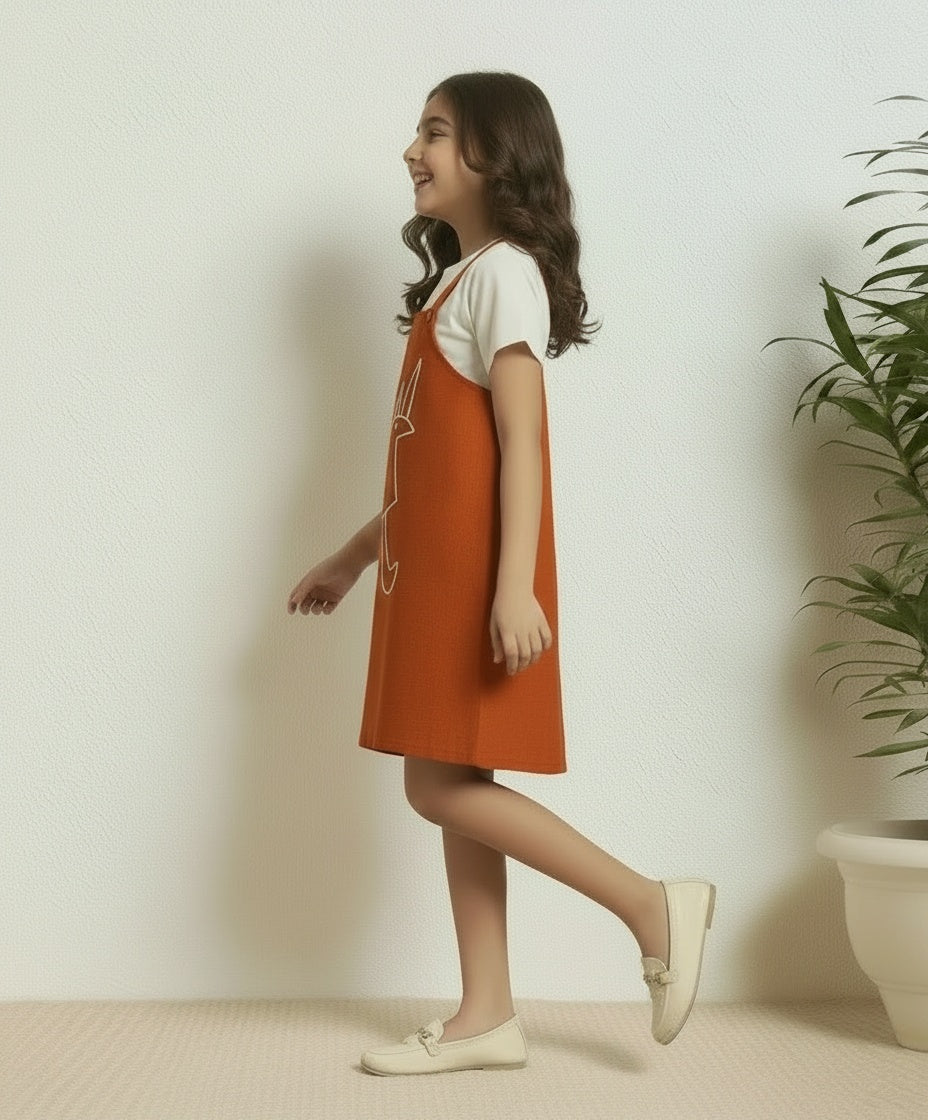 SHORT TOP WITH KNEE-LENGTH DUNGAREE DRESS