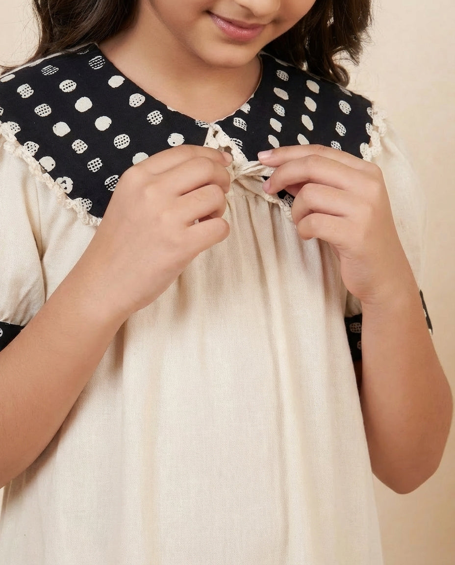 Off White Cotton With Black Polka Girls A-Line Dress