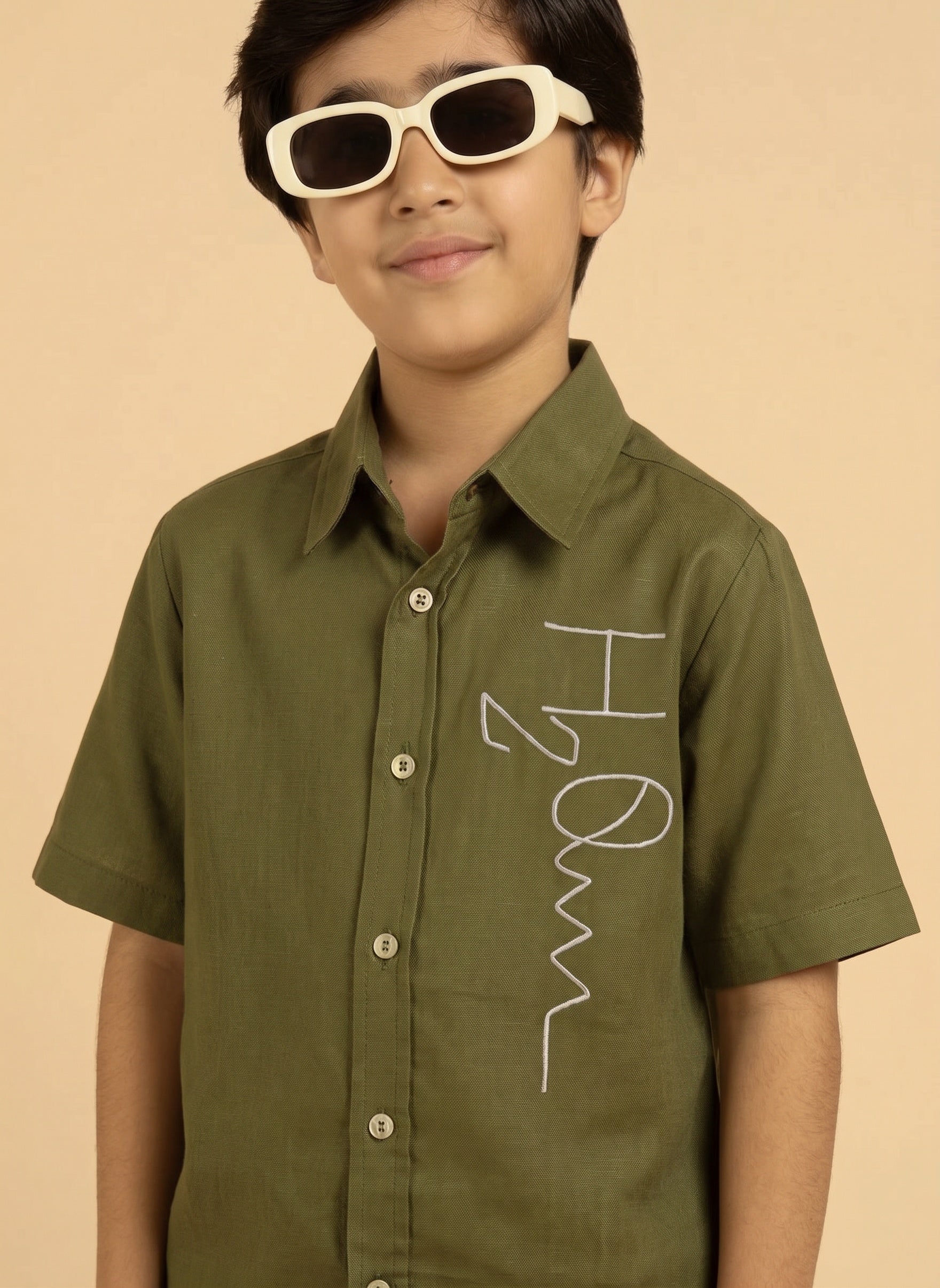 Olive Green Cotton Shirt Collar Solid Green Cotton Shirt With Shorts