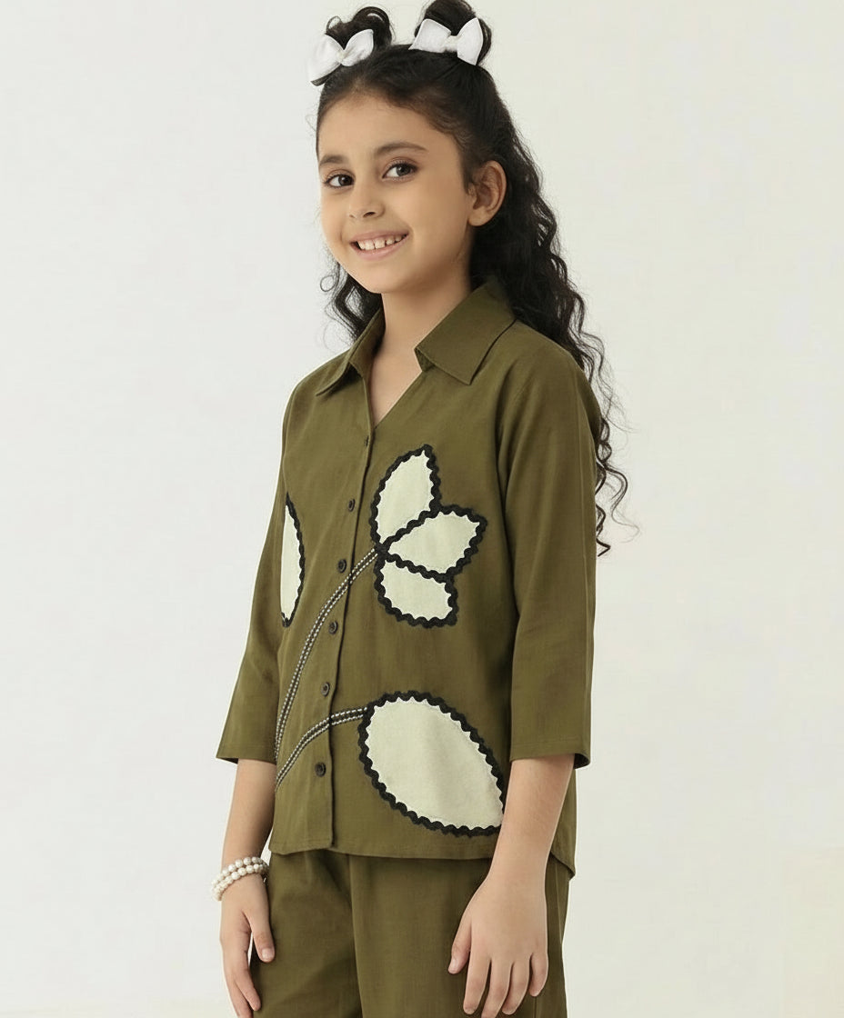 Olive Green Cotton  Patch Floral Shirt With Pant Girl Co-ord Set