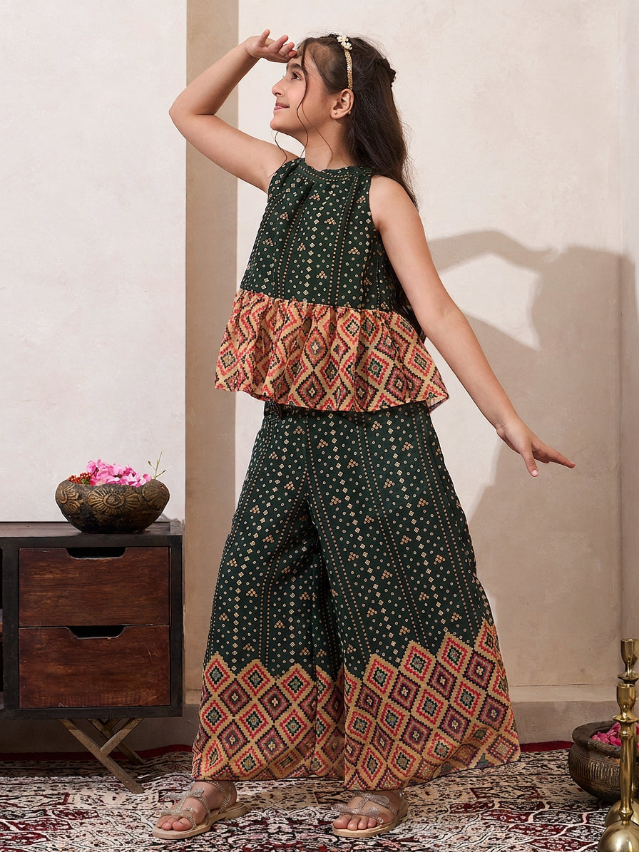 Girl's Black Bandhani Border Chiffon Peplum Top & Palazzo Set