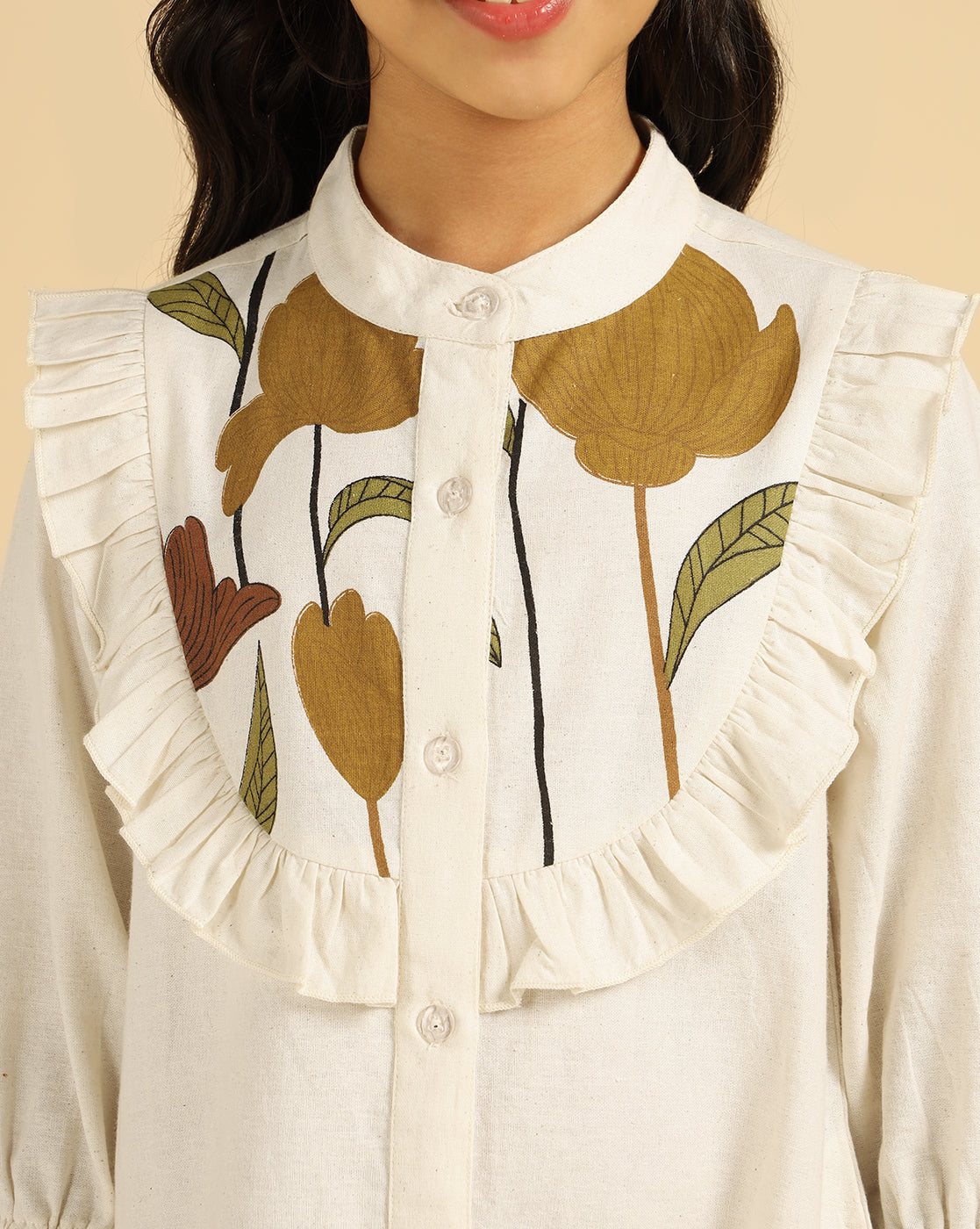 Off White Pure Cotton Floral Printed Girls Tiered Shirt Dress