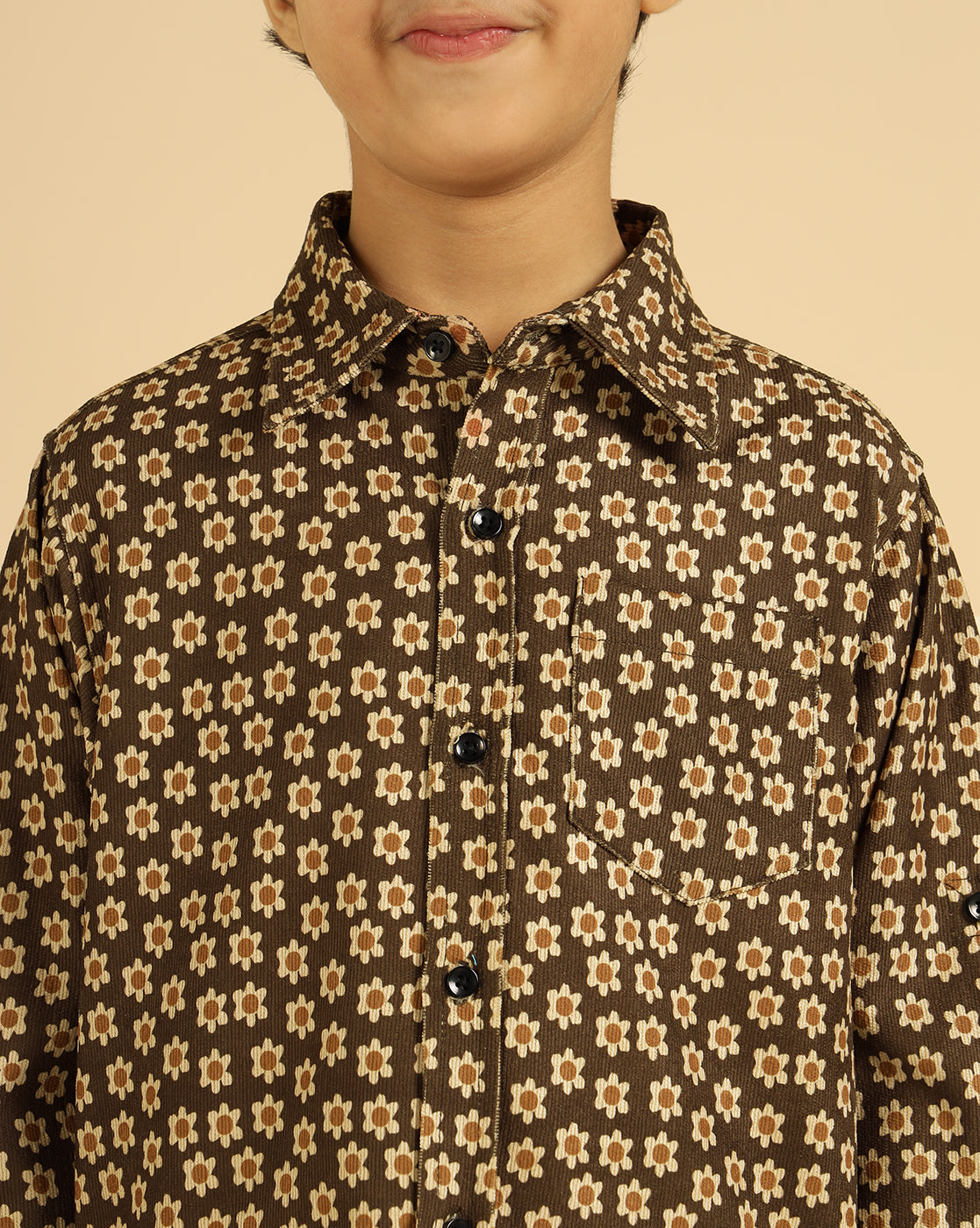 Pure Cotton Corduroy Brown Floral Boys Shirt
