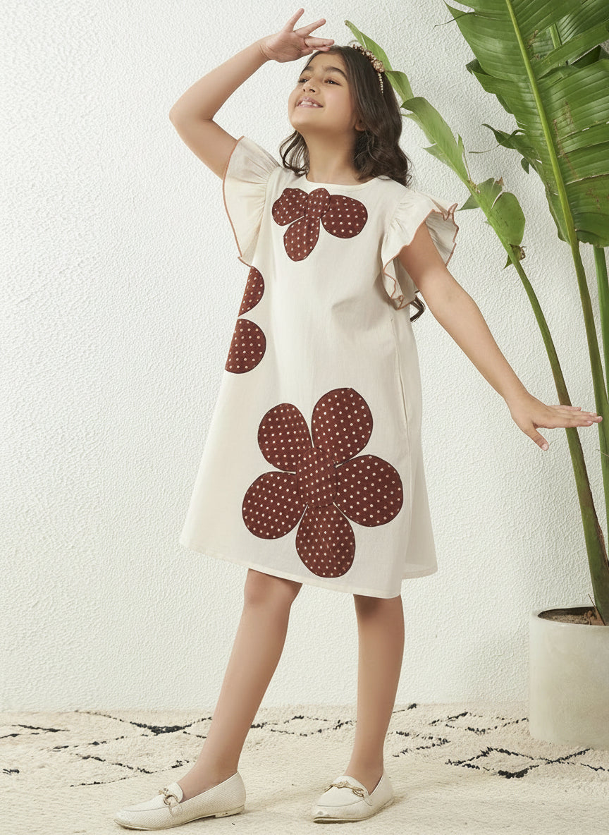 Girls' Cotton Off-White Dress with Polka Dot Floral Print, Ruffle Sleeves, Casual Wear