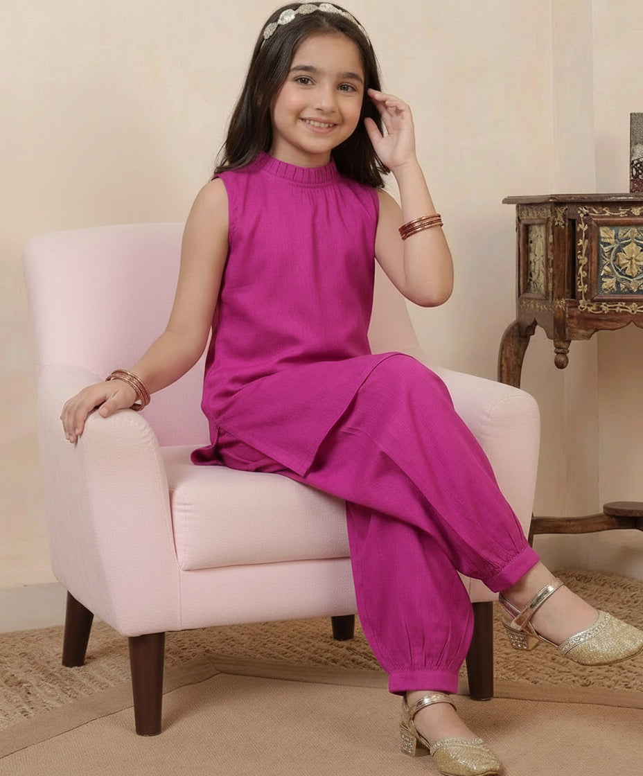 Girls Magenta Cotton Kurta with Gathered Pant Co-ord Set, Sleeveless, Solid Colour