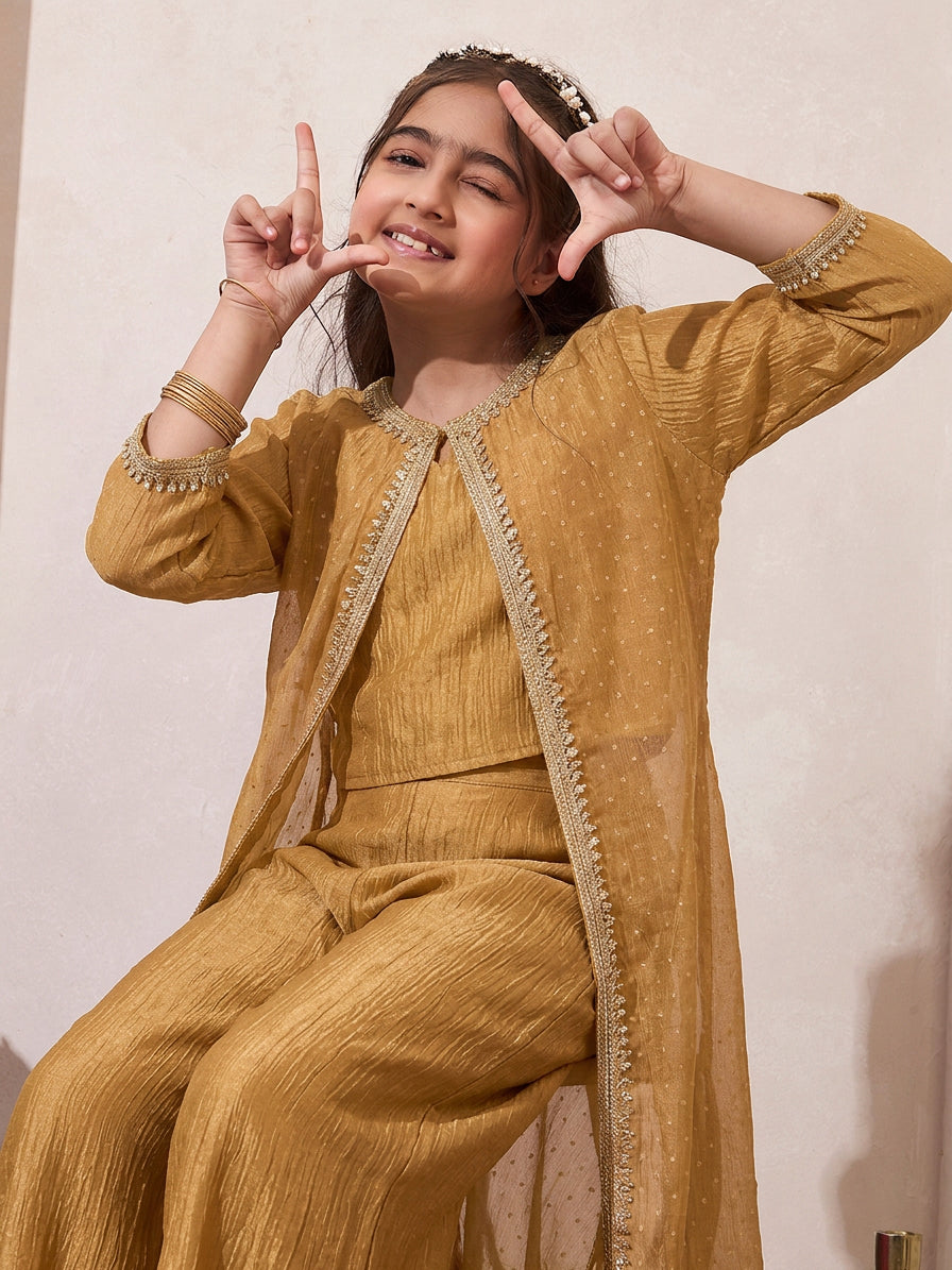 Golden Solid Shimmer Butta Shrug With Top & Palazzo Set