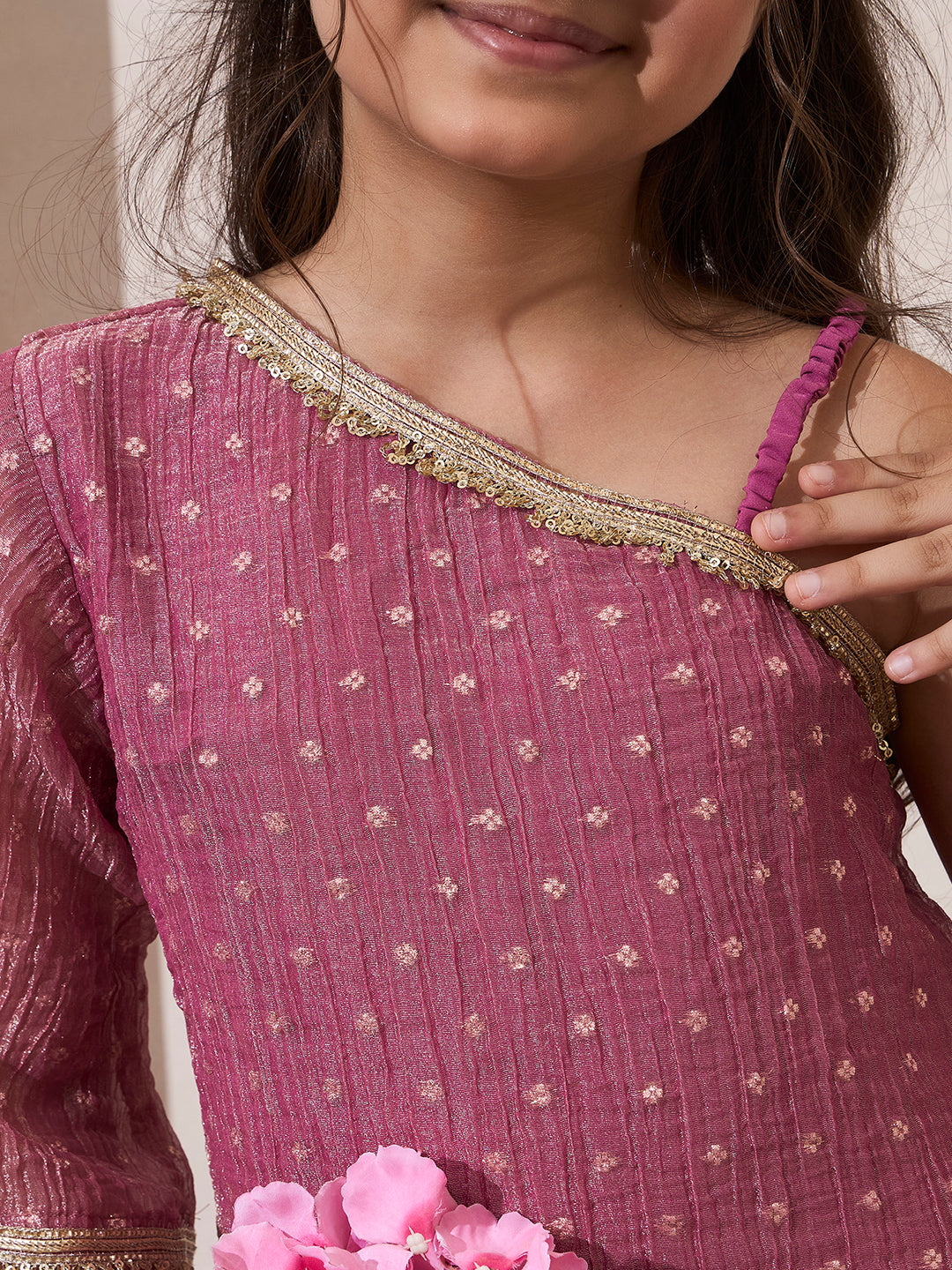 Pink Shimmer One Shoulder Kurta With Palazzo
