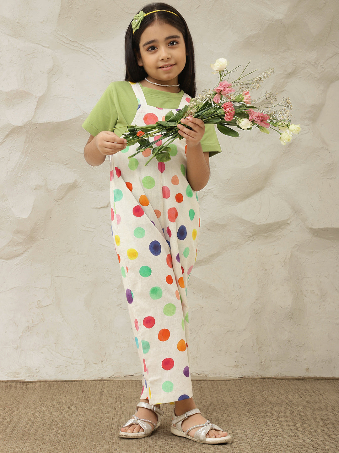 Multicolor Pure Cotton Polka Dots Jumpsuit (T-shirt not included)