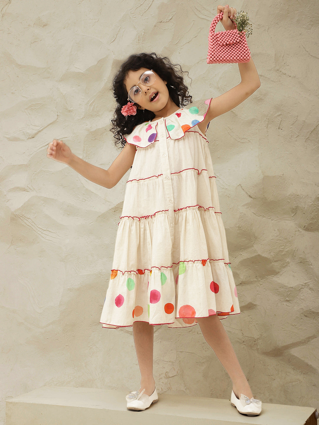 Polka Dots Tiered Pure Cotton Shirt Dress