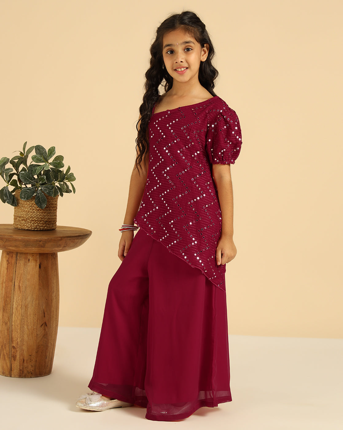 Magenta Embroidered One Shoulder With Palazzo Girls Co-Ord Set