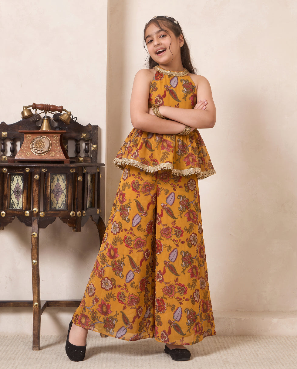 Girl's Mustard Paisley Print Chiffon Peplum Top & Palazzo Set