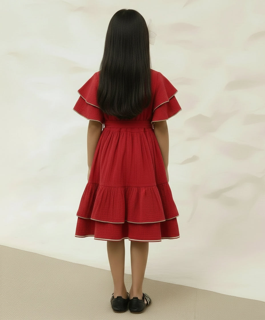 Red Cotton Round Neck Bell Sleeve Above Knee Length Dress For Girls