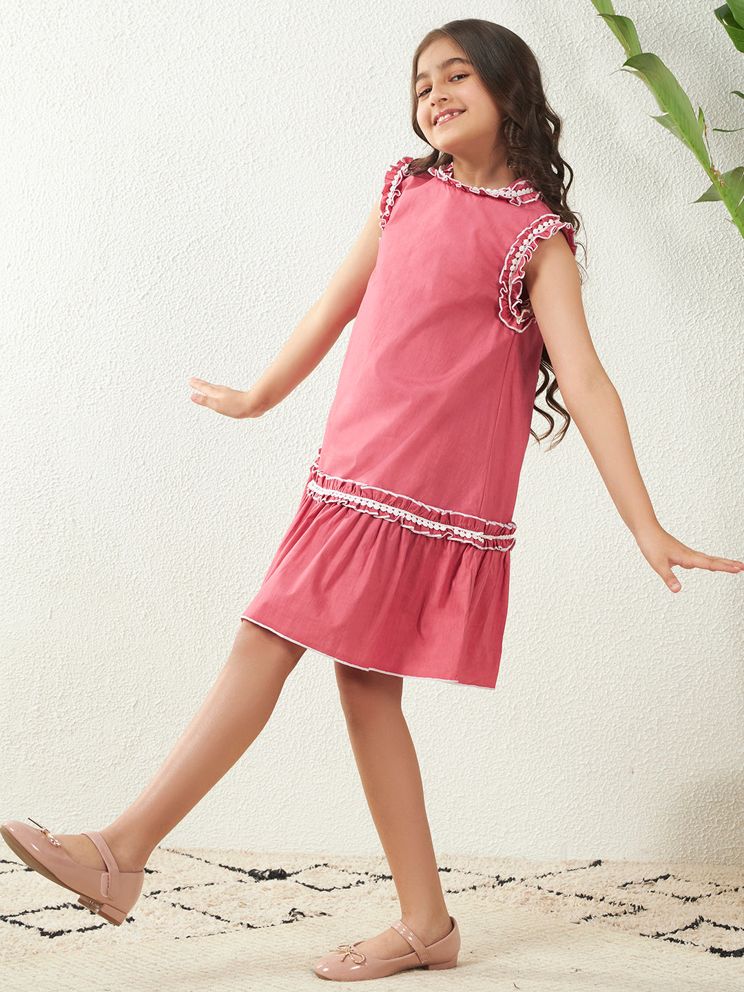 Pink Cotton Round Neck Poplin A-Line Knee Length Dress