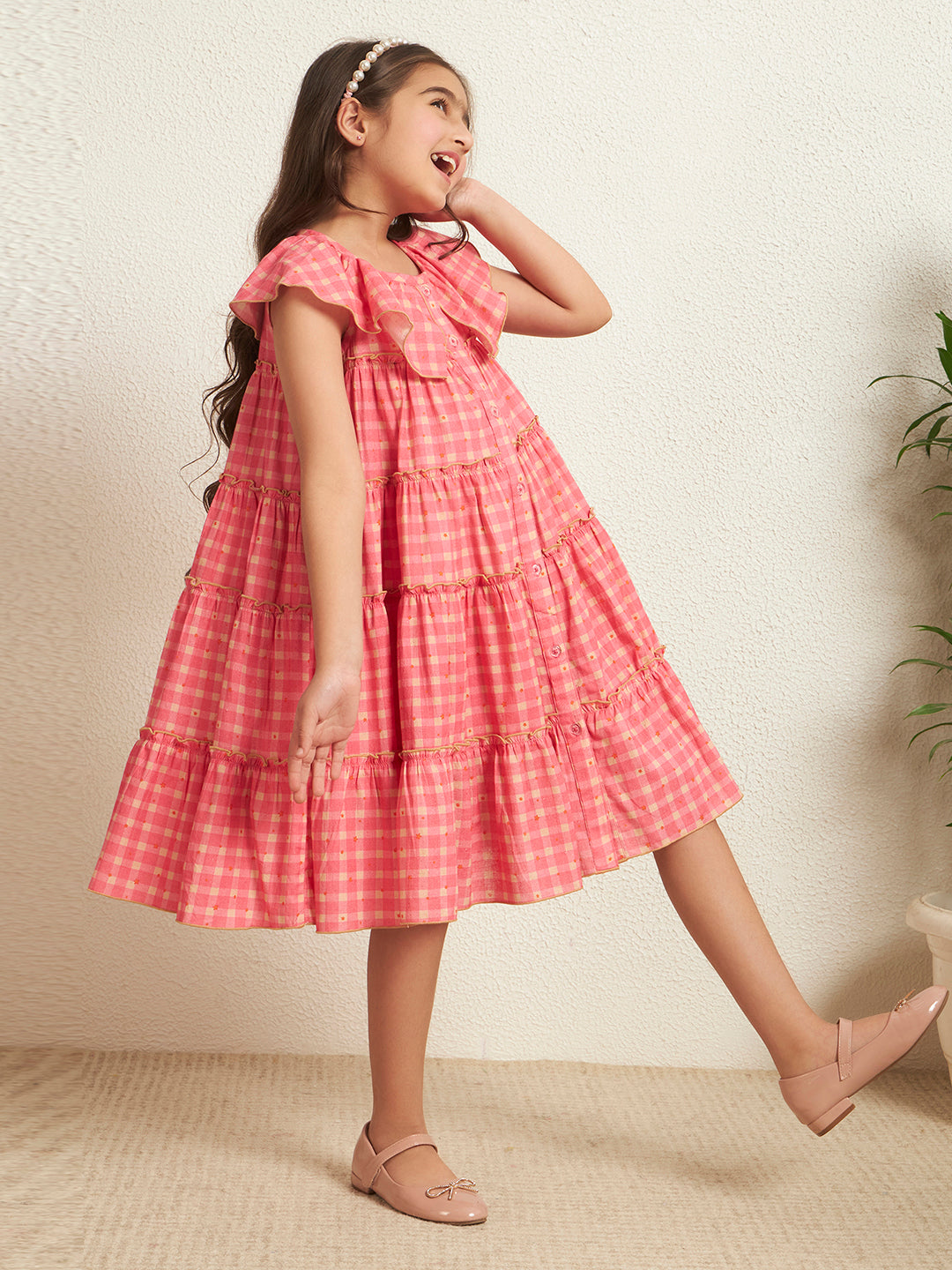 Girl's Carrot Pink Cotton Flex Check Print Shirt Style Tiered Dress