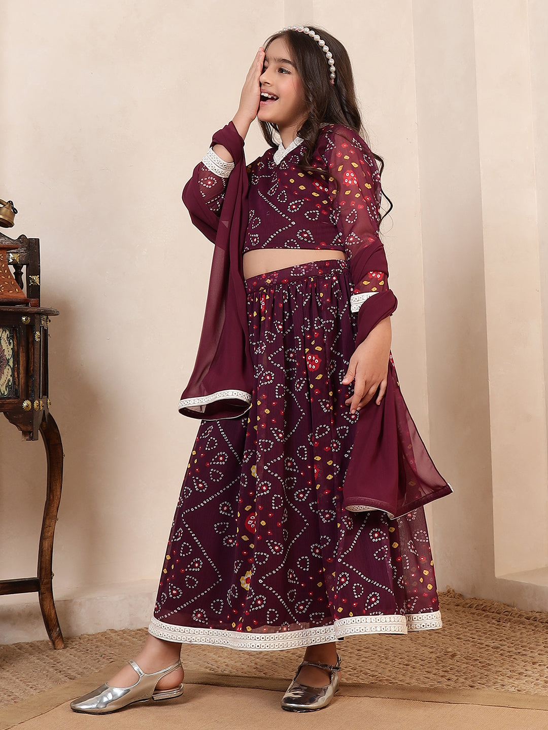 Wine Bandhani 3 Pieces Co-Ord Set