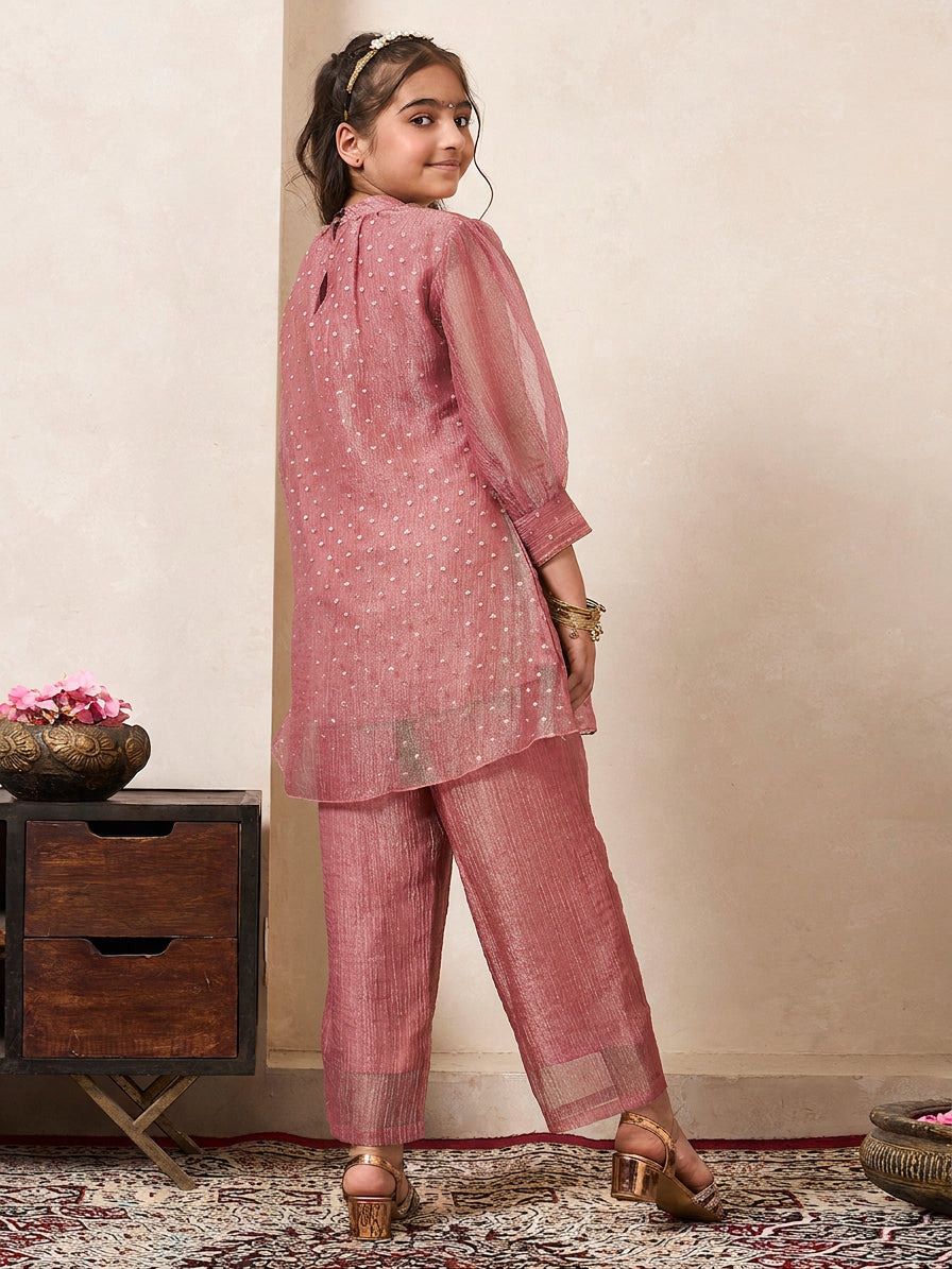 Pink Solid Shimmer Butta Work Gathered Neck Kurta With Pant