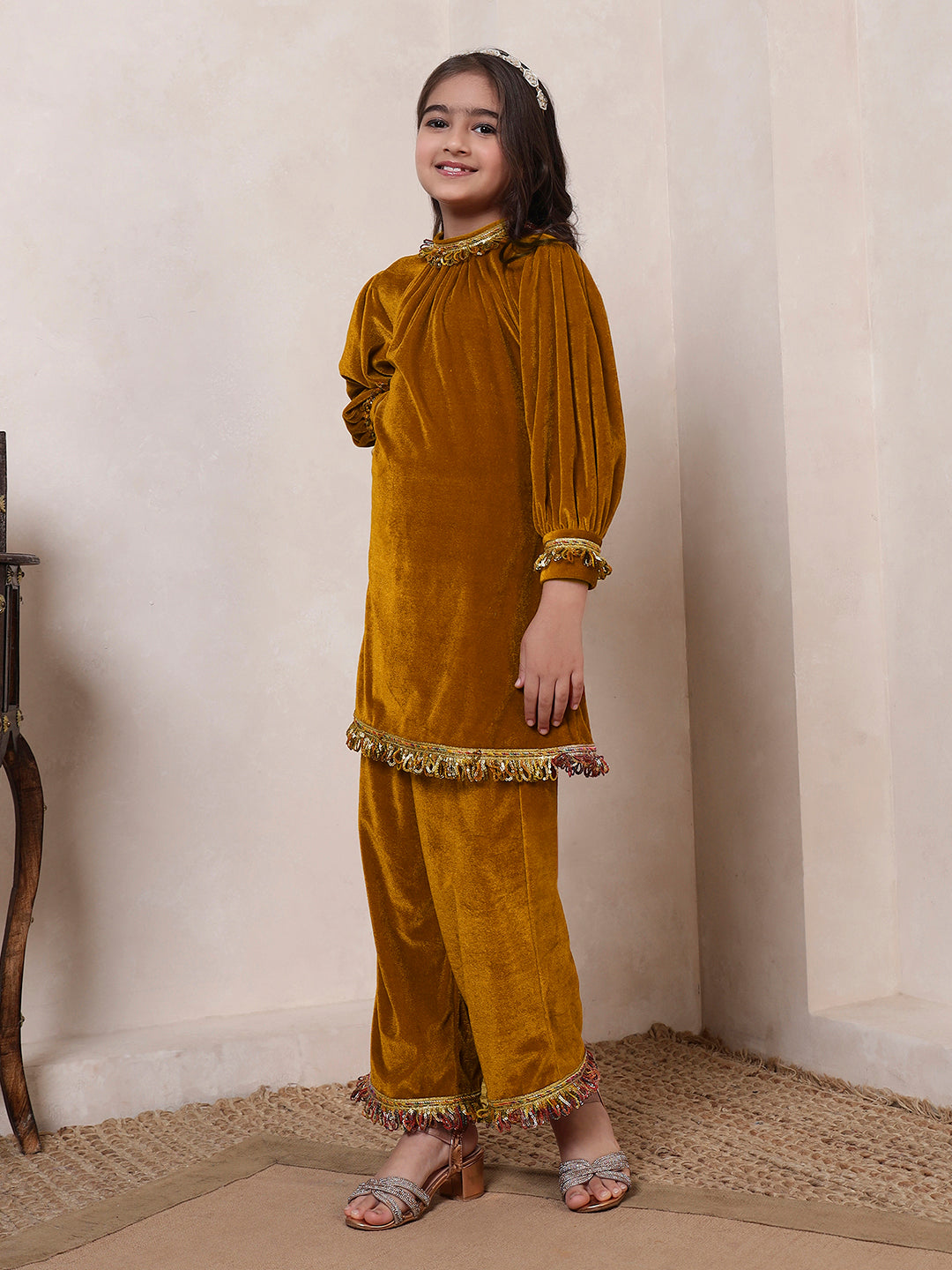 Mustard Velvet Band Collar Kurta Set