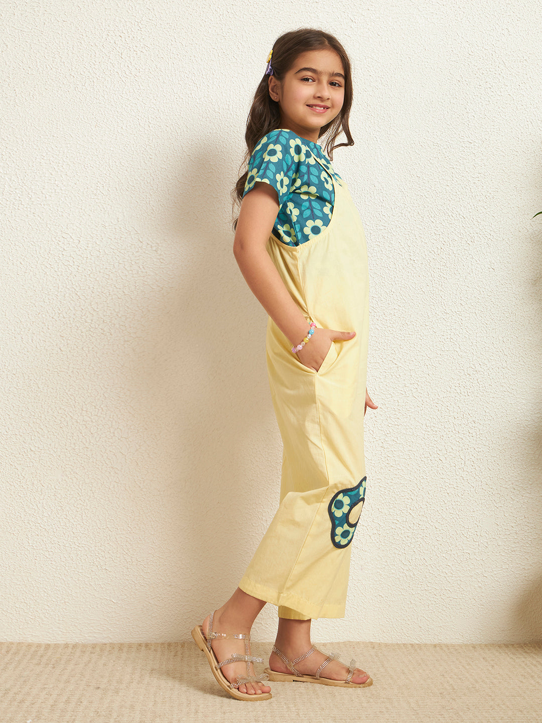 Lemon Yellow Cotton Poplin Floral With Solid Pattern Girl's Jumpsuit Set