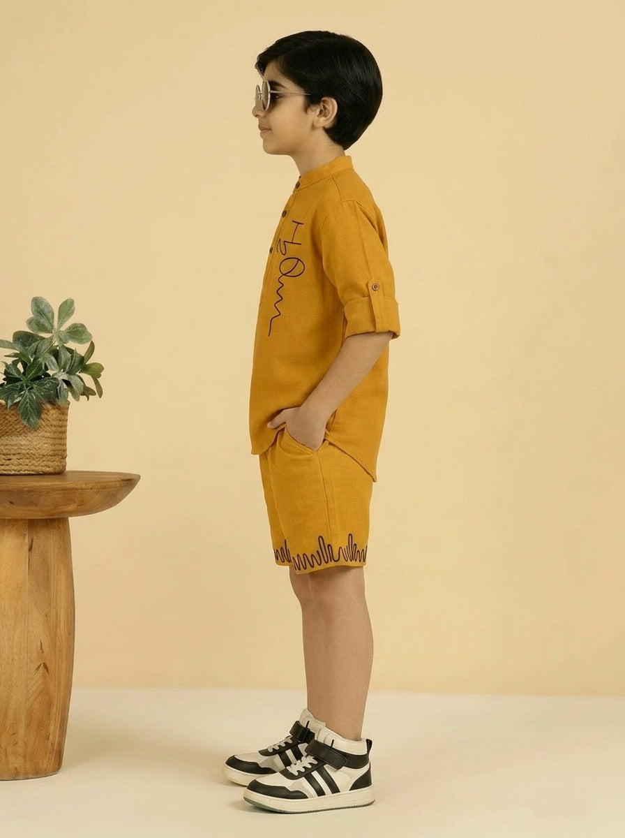 Yellow Cotton Mandarin Collar Embroidered Short Kurta With Short Co-ord Set