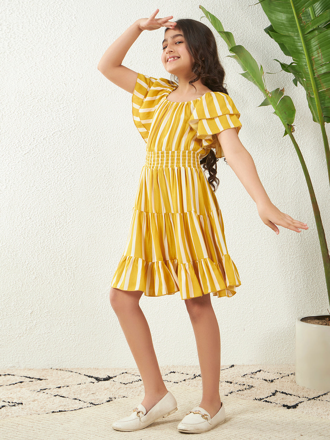 Rayon Yellow Bell Sleeves Striped Tiered Knee Length Dress