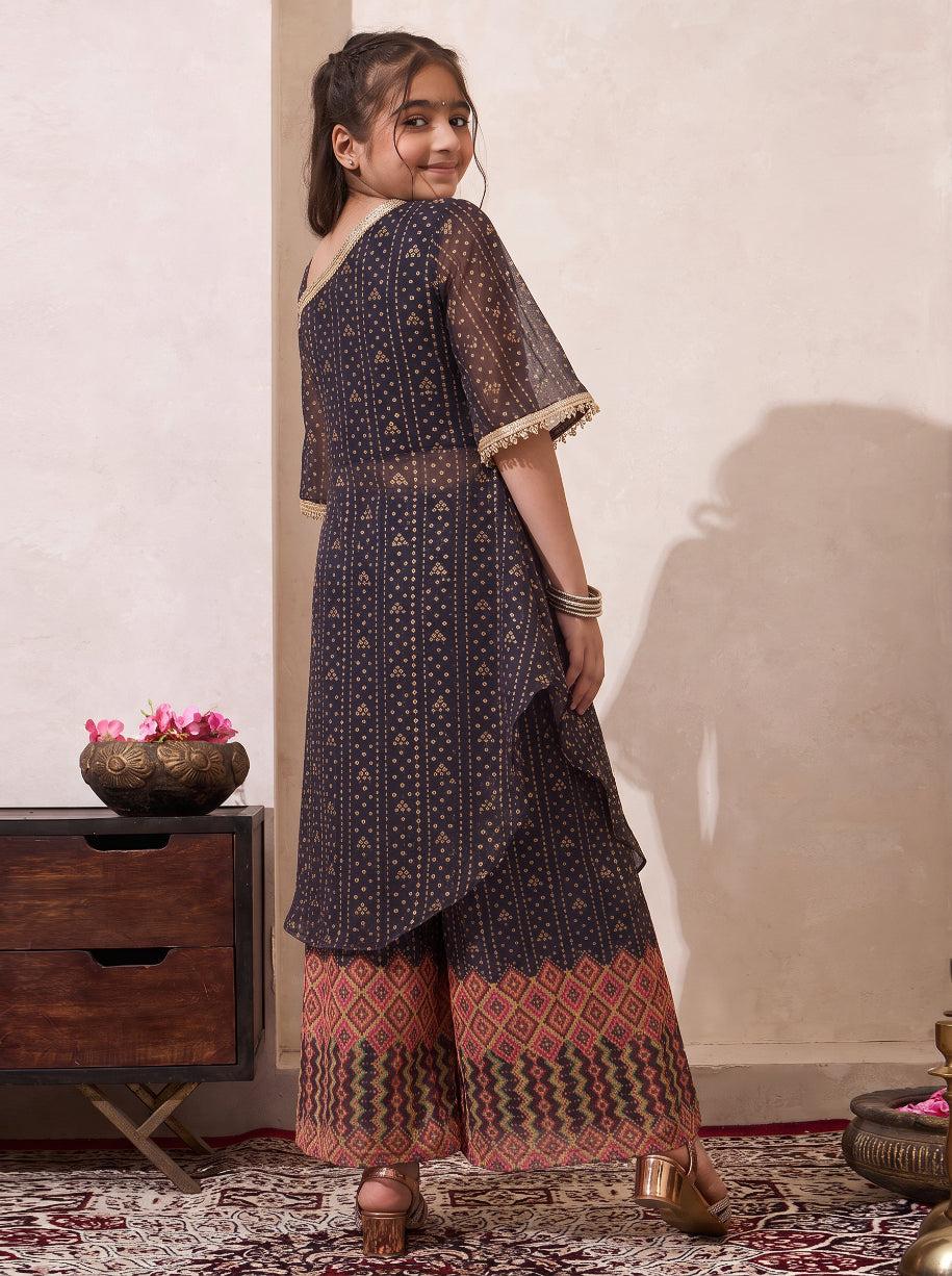 Black Bandhani Border Chiffon One Shoulder Kurta With Palazzo