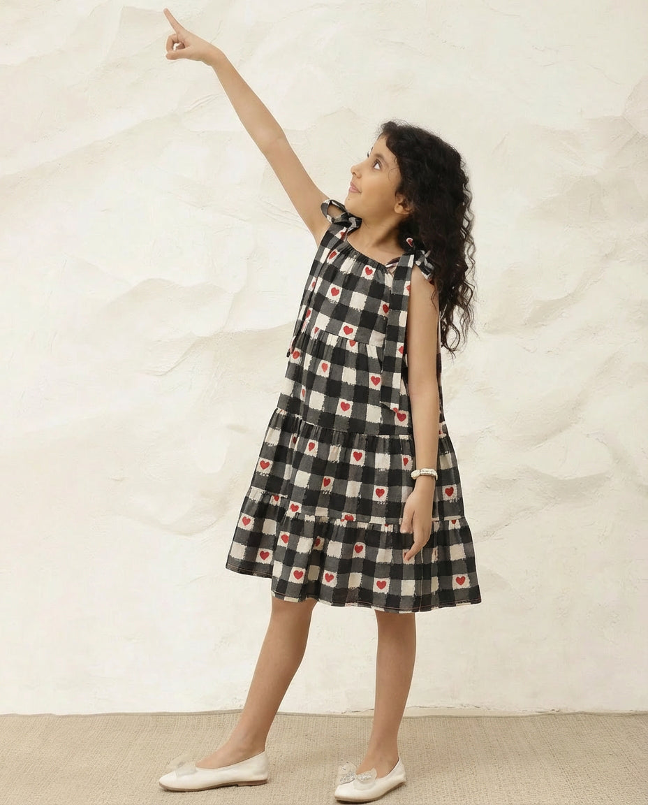 Adjustable Check Heart Print Tiered Dress