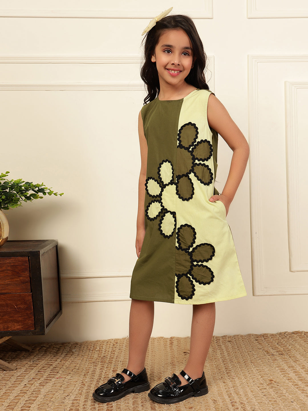Olive Green & Lemon Yellow Fun Patch Dress