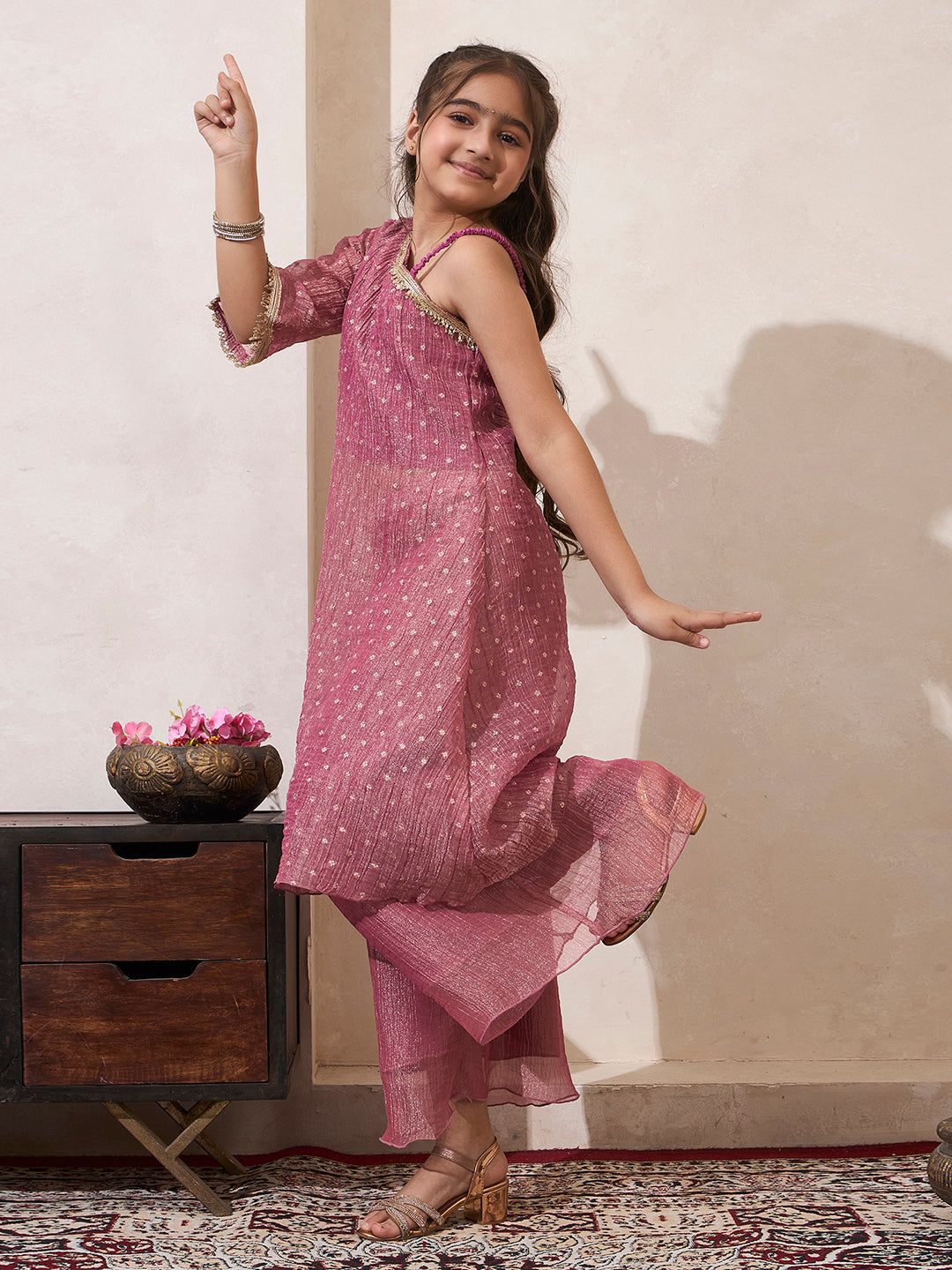 Pink Shimmer One Shoulder Kurta With Palazzo