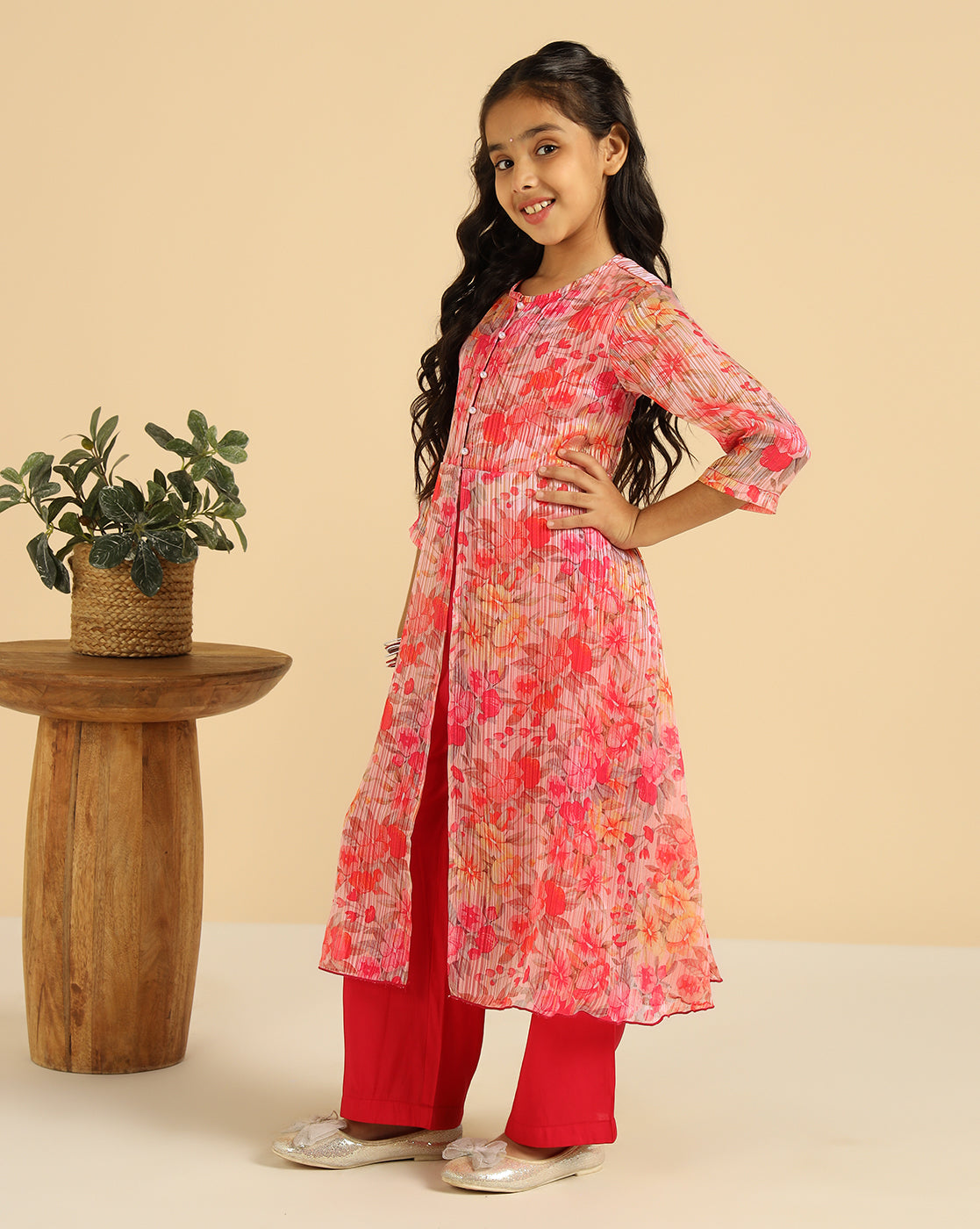 Magenta Floral Indo Western Girls Co-Ord Set