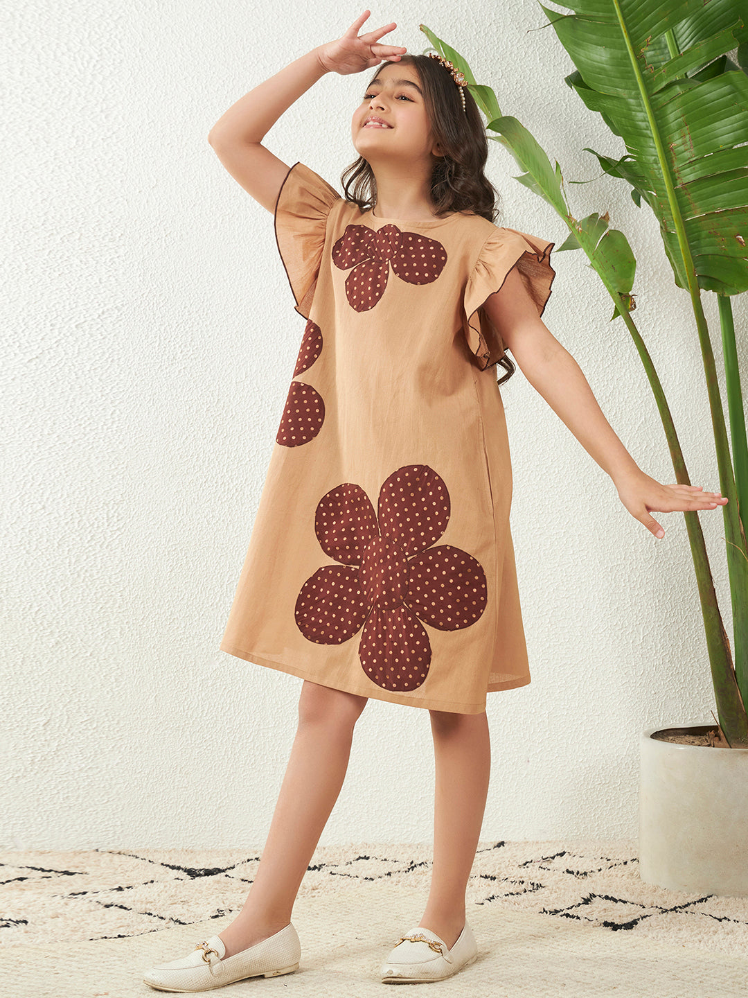 Girls Beige Cotton Flex A-Line Dress Floral Patch Dress