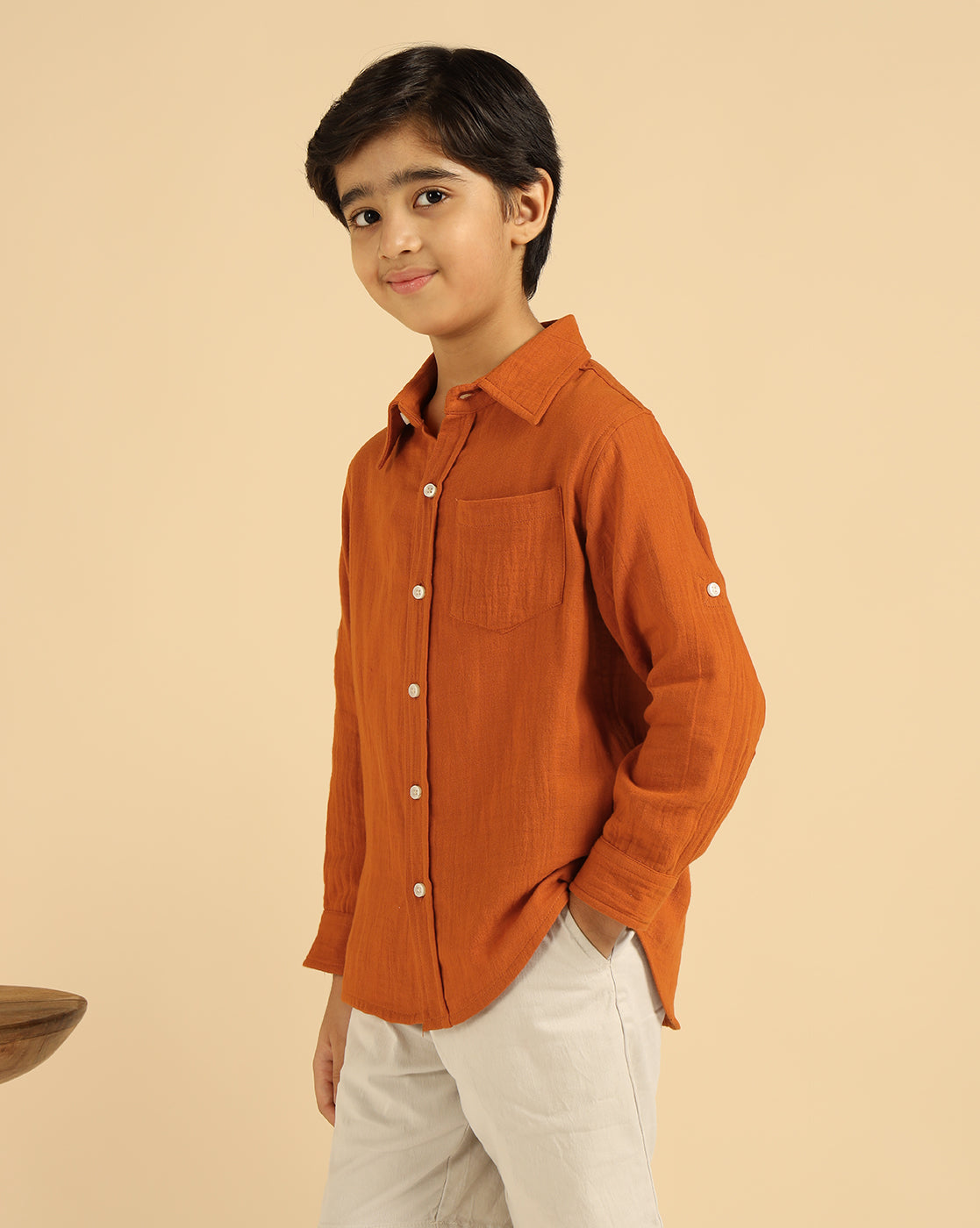 Pure Cotton Tan Brown Solid Boys Shirt