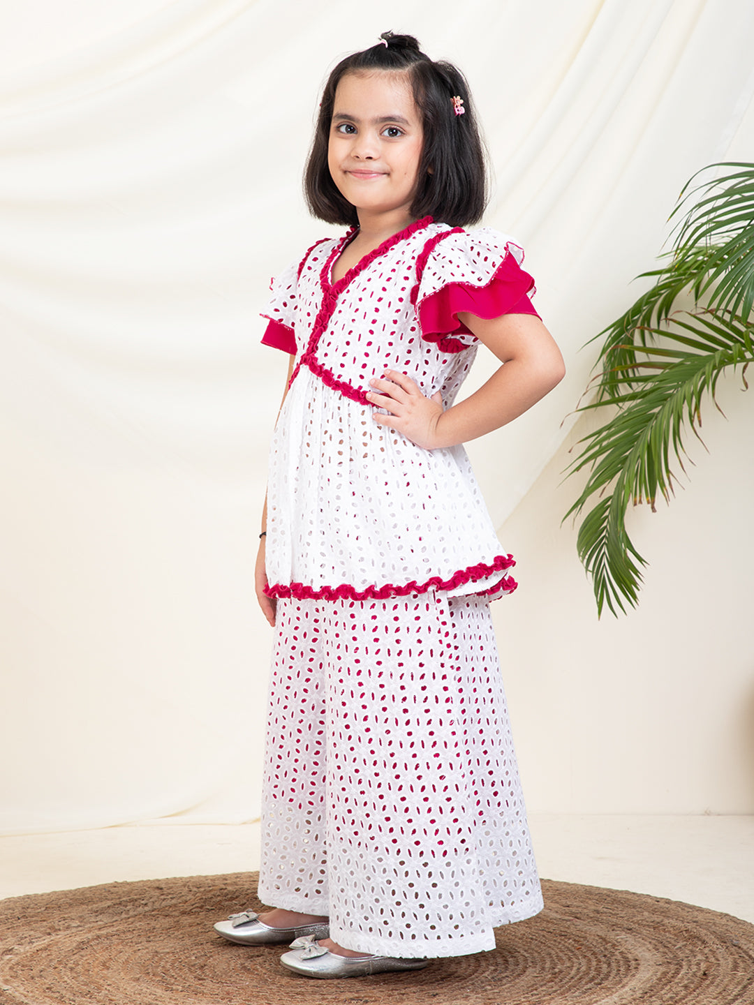 Embroidered Schiffli Peplum Top With Palazzo