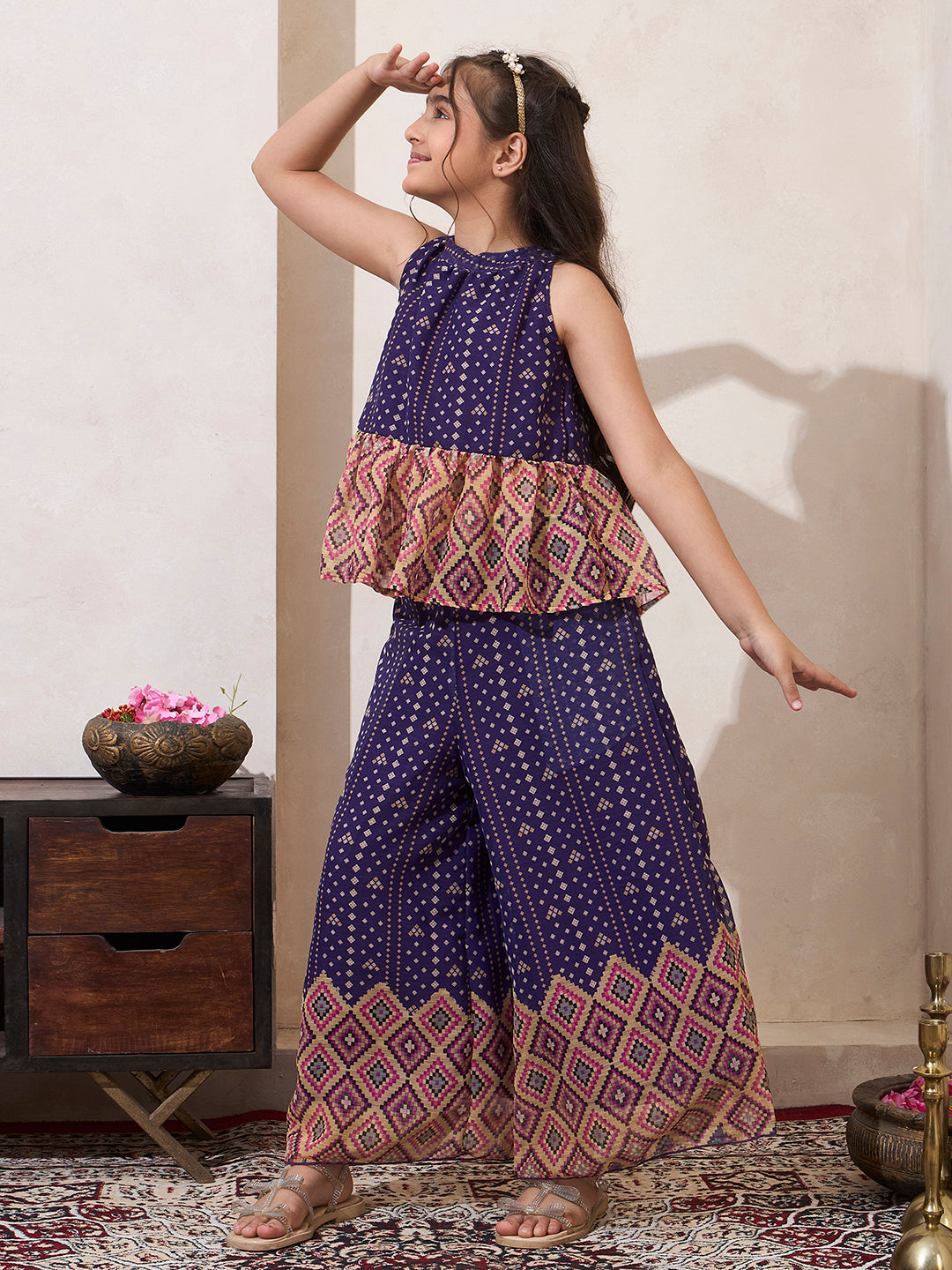 Girl's Purple B&hani Print Chiffon Peplum Top & Palazzo Set