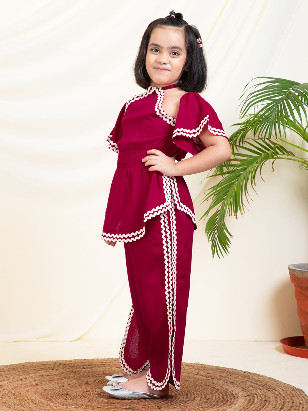 Solid Halter Neck Peplum Top With Slit Pants