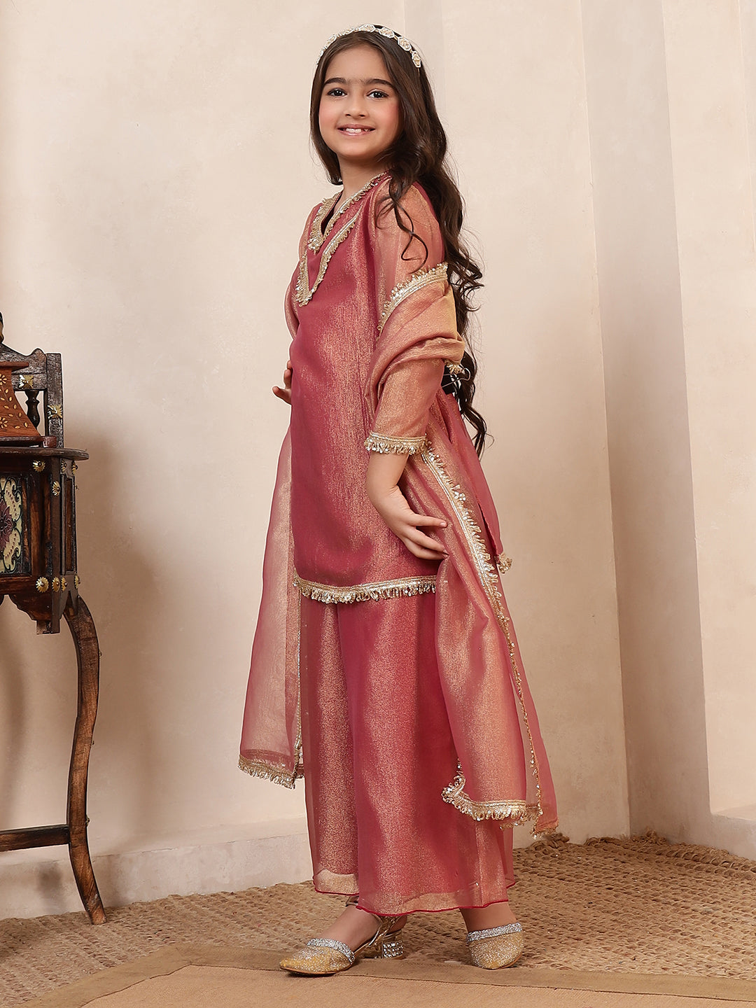 Peach Tissue 3 Pieces Co-Ord Set