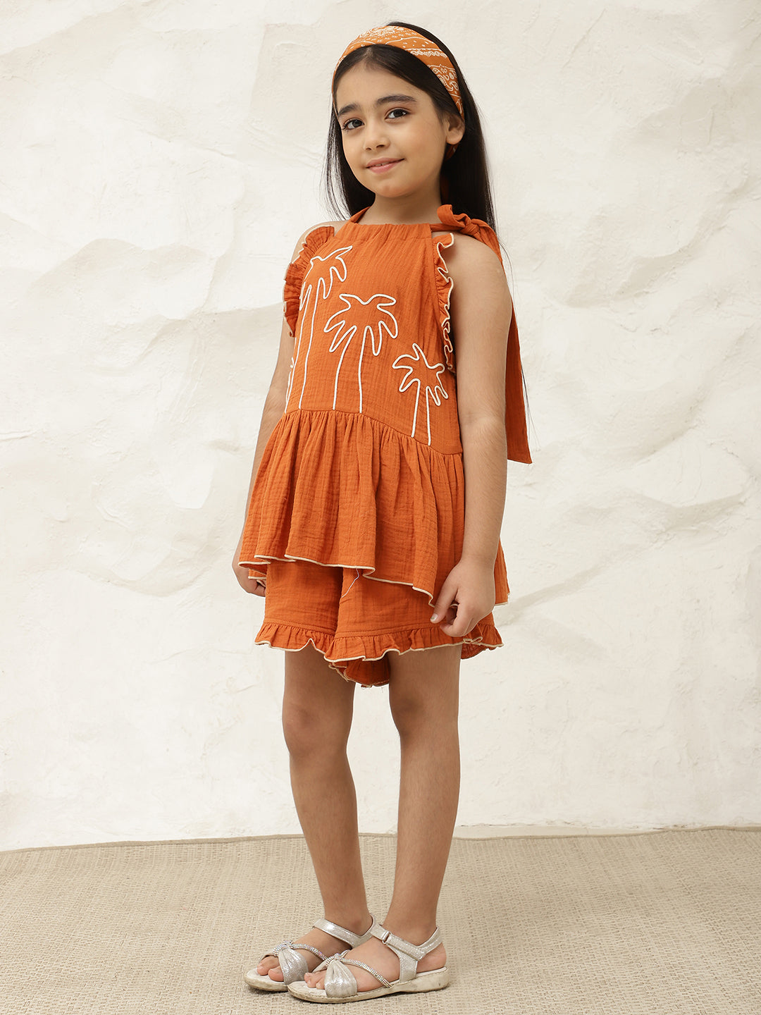 Tan Brown Pure Cotton Halter Neck Peplum Top & Shorts