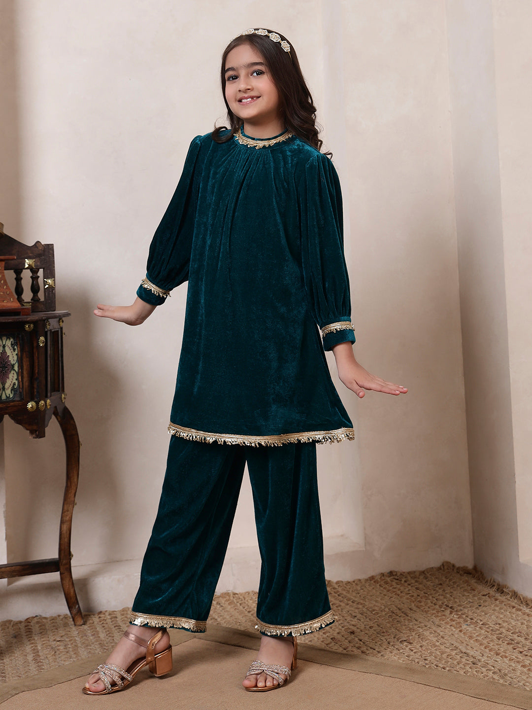 Velvet Band Collar Neck Style Kurta Set