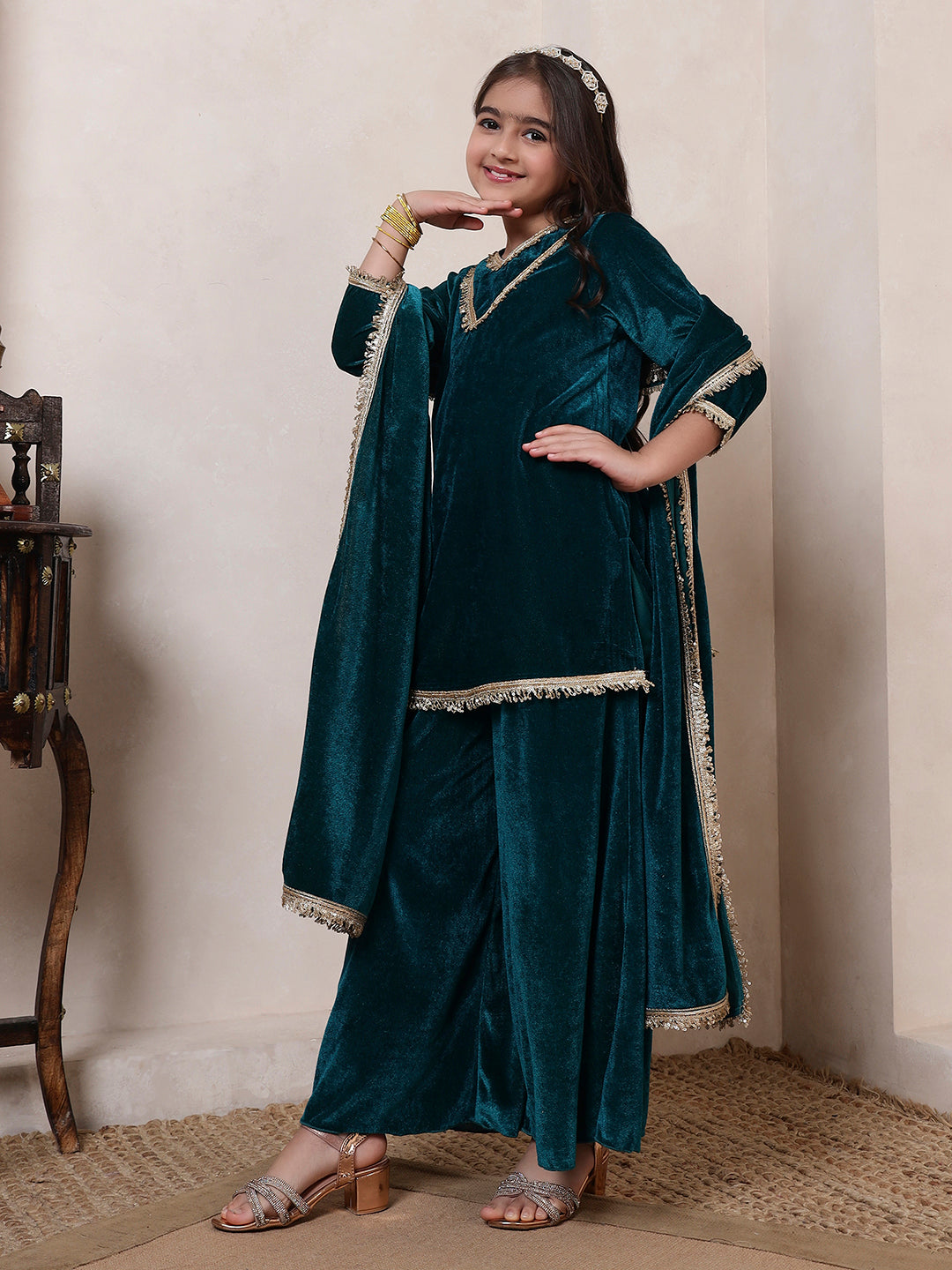 Velvet Rama Green 3 Piece Co-ord Set