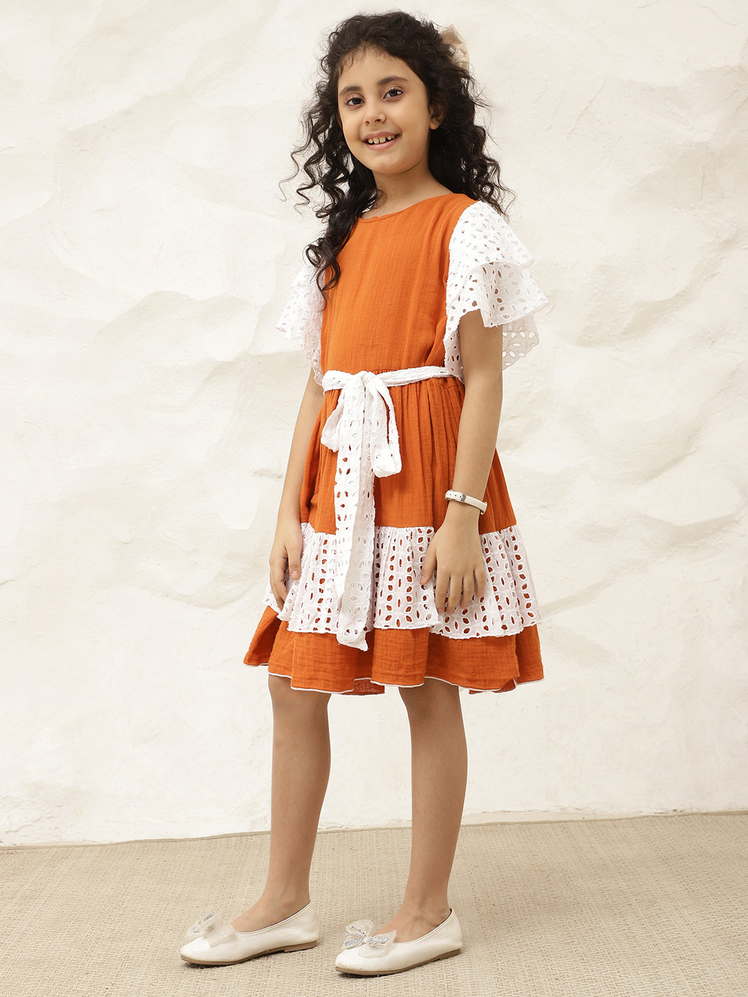 Tan Brown Pure Cotton Gauze Tiered Dress
