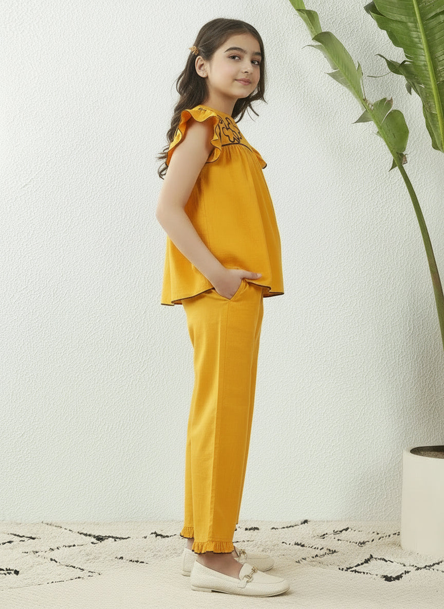 Girls Yellow Cotton Dori Work Top& Frill Pant Co-Ord Set