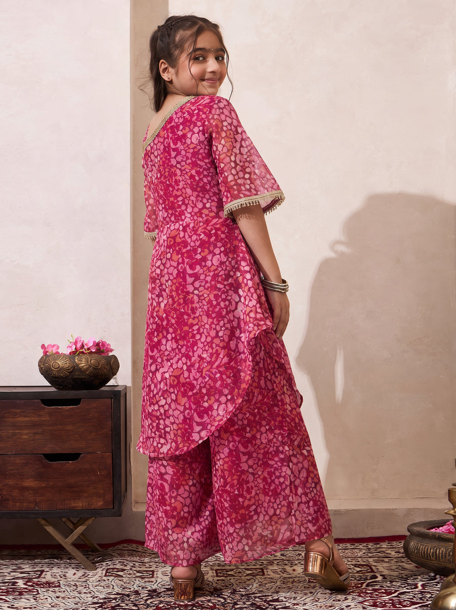 Pink Polka Chiffon One Shoulder Kurta With Palazzo
