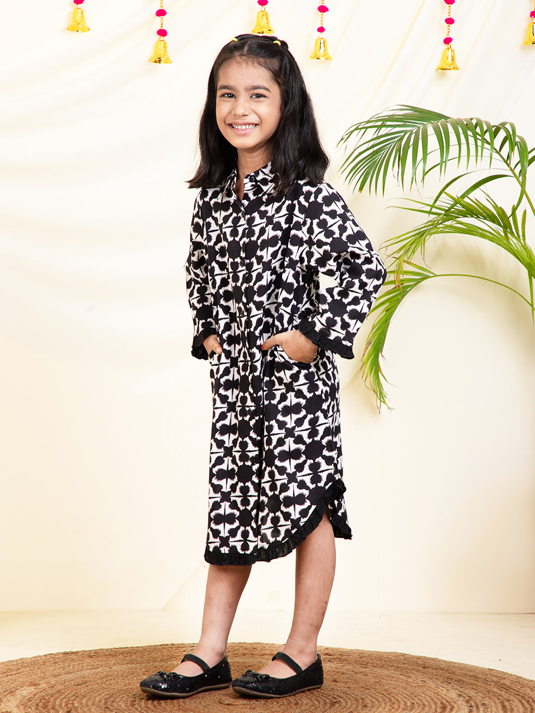 Geometric Printed Girls Shirt Dress With Frill