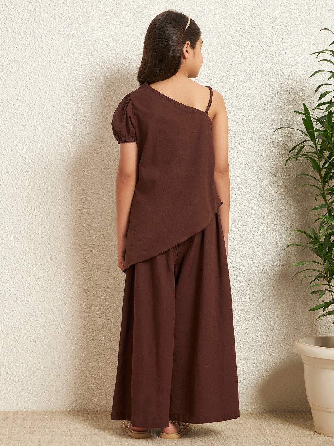 Brown Cotton Flex Solid One-Shoulder Patch Work Girls Co-Ord Set