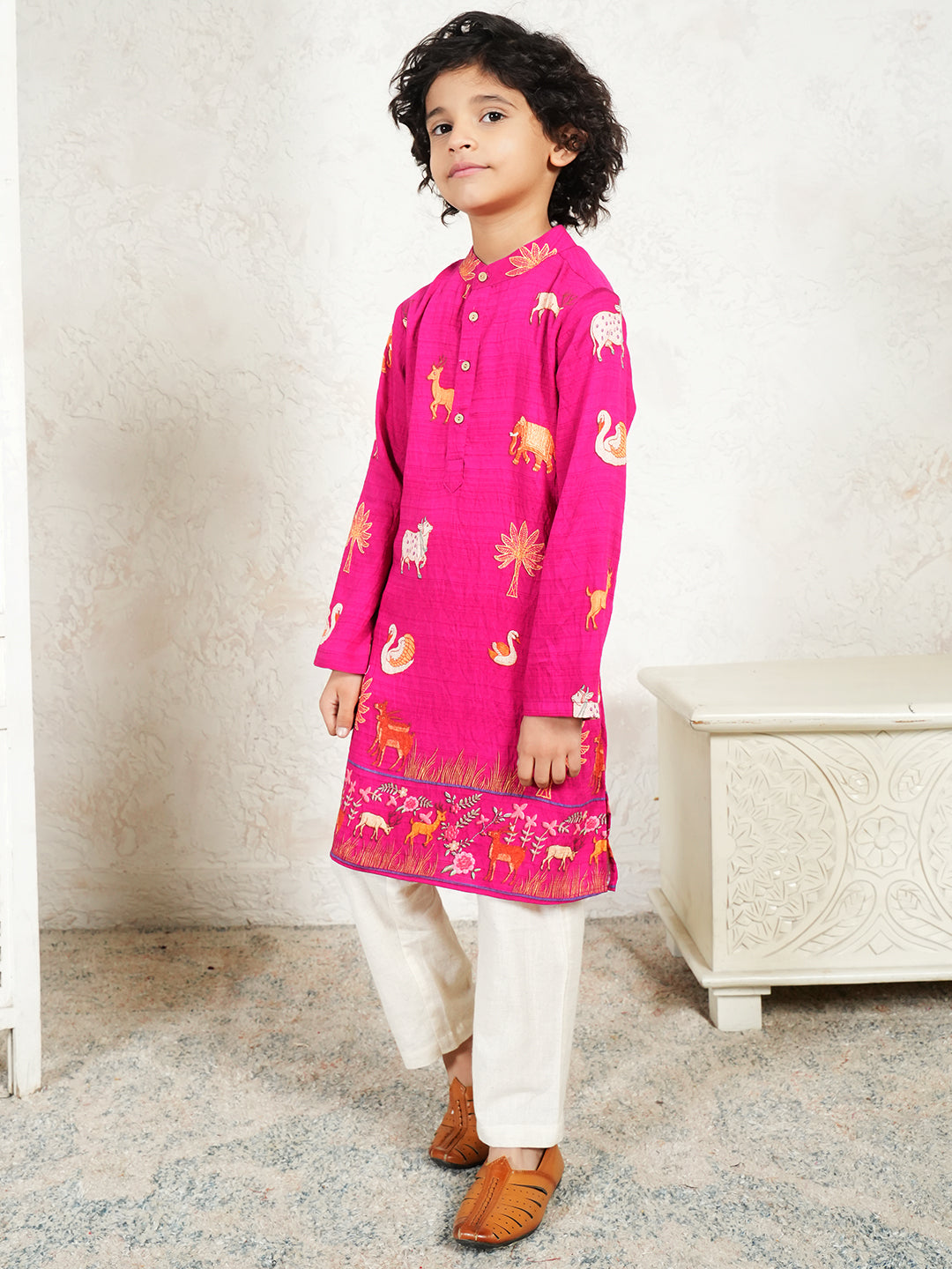 Animal Print Magenta Kurta For Boys