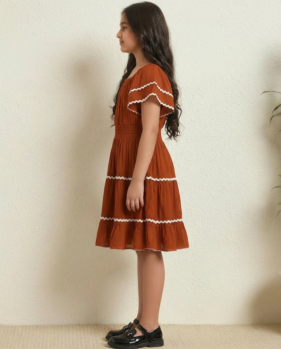 Tan Tiered Dress For Kids