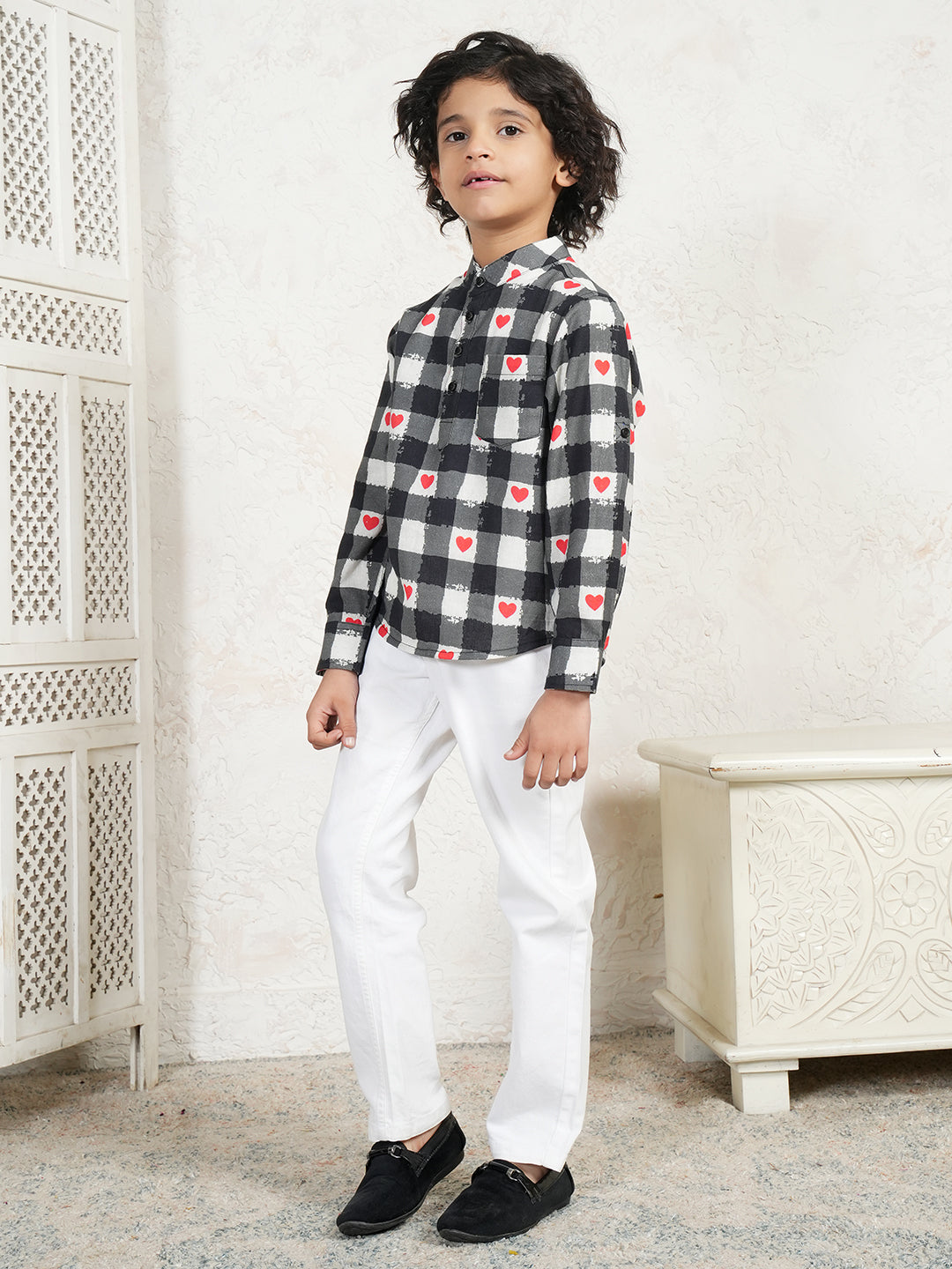Heart Print Check Kurta For Boys