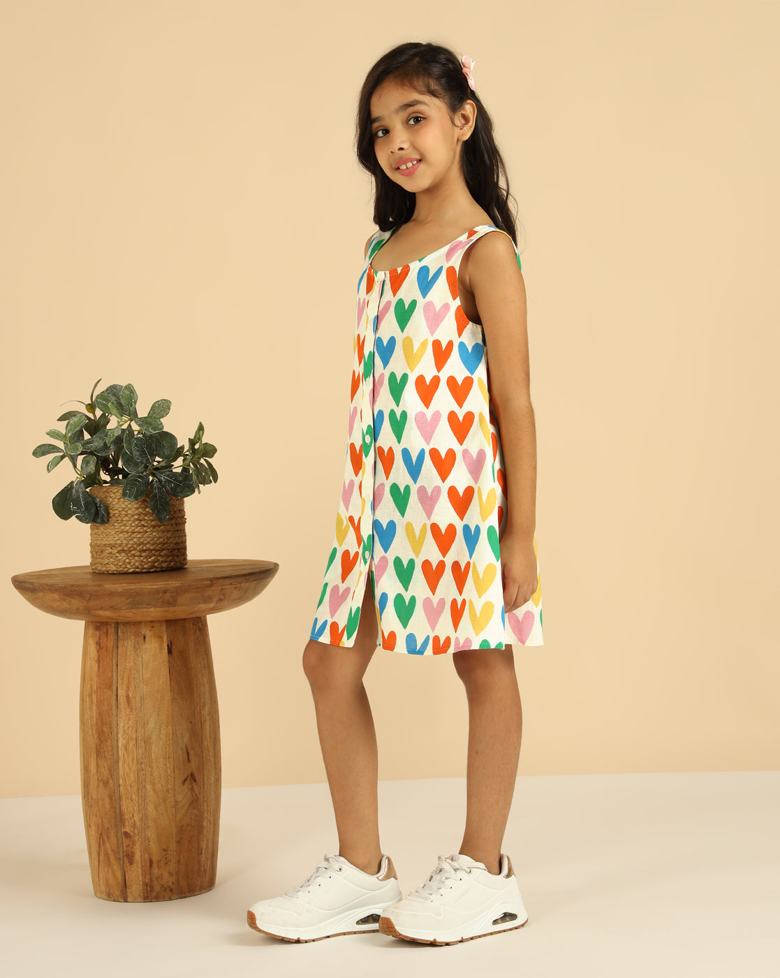 Pure Cotton A-Line Heart Printed Girls Shirt Dress