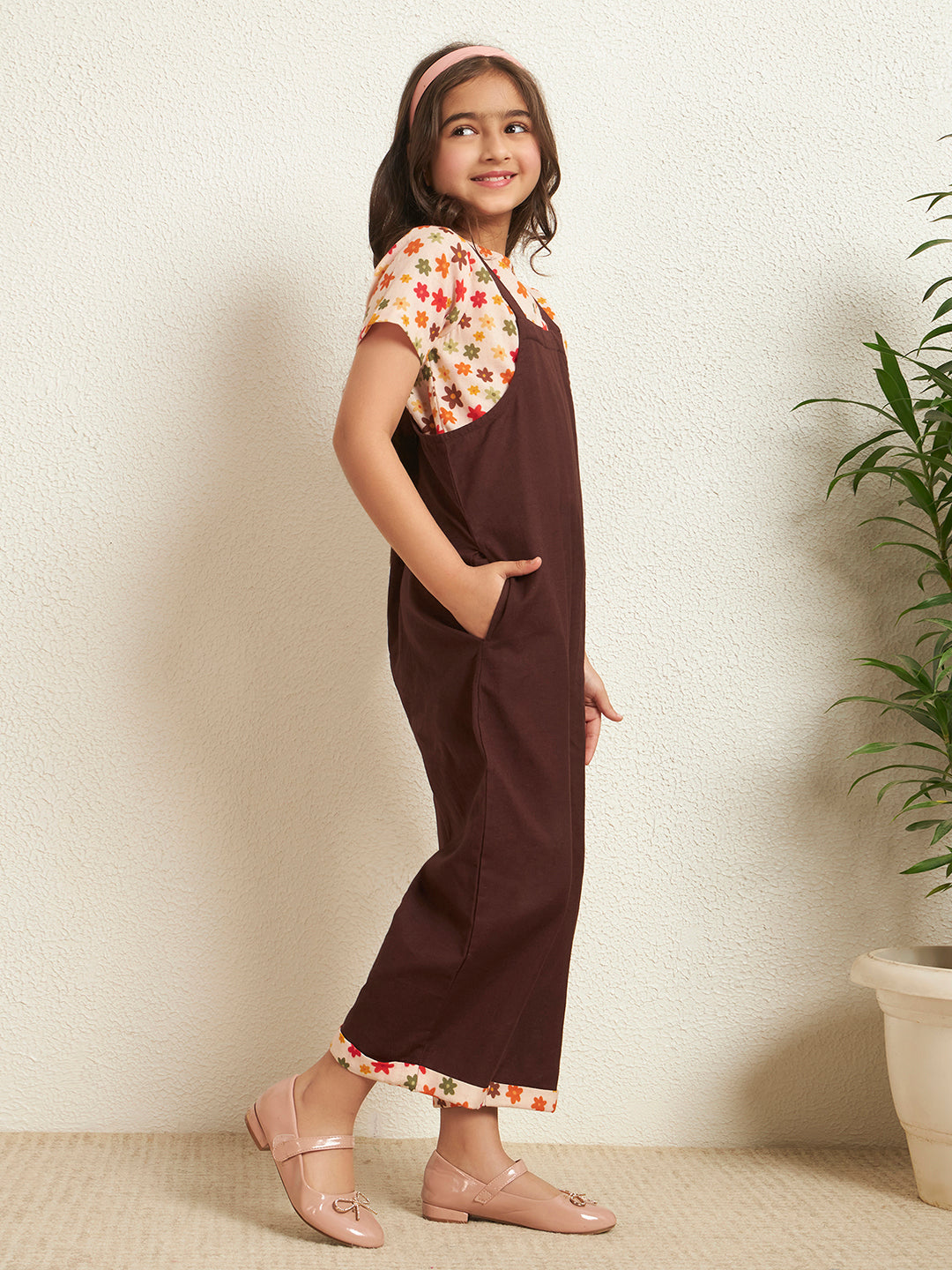 Brown Cotton Flex Solid With Floral Print Girl's Jumpsuit Set