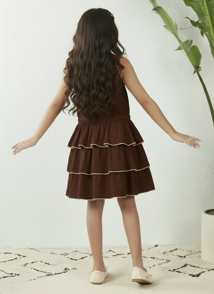 Girls' Brown Cotton Tiered Halter Dress with Butterfly Embroidery and Tassel Detail